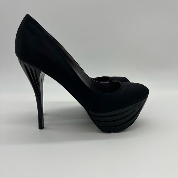 Bebe Riley Black Satin Heels Size 7 - Picture 3 of 13